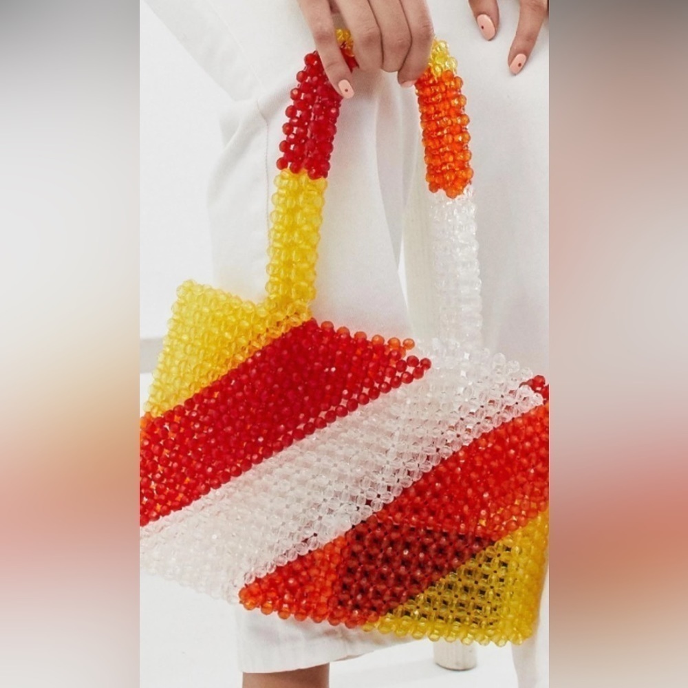 Glamorous~NWT~Multi-Colored Strip Beaded Mini Grab Bag~Twin Color Block Handles